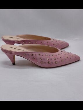 Kate Spade: Pink Suede Pointed-Toe Studded Mules